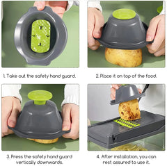 15-in-1 Fruit & Vegetable Grater Set - Kitchen Multi-Tool with 8 Interchangeable Blades (Gray Green) - Includes Dicer/Shredder/Slicer Functions