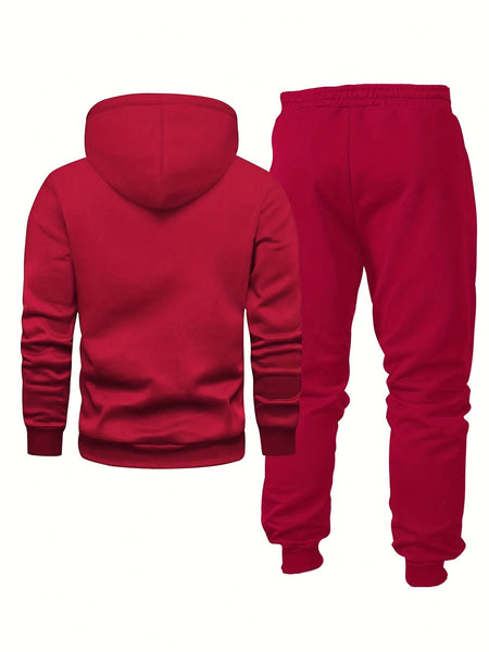 8pcs Men'S Hooded Sweatshirt + Sweatpants Autumn And Spring Casual Sports Suit Solid Color Plain Pullover Regular Long Sleeve Hoodie And Drawstring Elastic Waist Ribbed Ankle Pants
