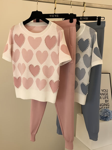 Women'S Korean-Style Heart-Shaped Printed Set - Short-Sleeved Beaded Top And Sweatpants, Casual Elegant Heart Pattern Outfit, Round Neck with Pockets, Casual Wear/Elegant /Beaded Details, Sweater Set
