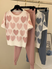 Women'S Korean-Style Heart-Shaped Printed Set - Short-Sleeved Beaded Top And Sweatpants, Casual Elegant Heart Pattern Outfit, Round Neck with Pockets, Casual Wear/Elegant /Beaded Details, Sweater Set