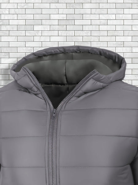 Men'S Outdoor Lightweight Thickened Hooded Windproof Quilted Solid Color Warm Coat