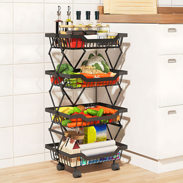 Foldable Kitchen Organizer Cart with 360° Rotating & Multi-Tier Shelves, Large Capacity Metal Vegetable Cart & Organiser - Portable, Space-Saving Storage for Pantry, Utility Room & Kitchen