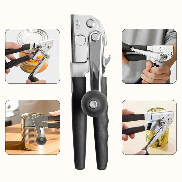 Multi-functional manual can opener stainless steel can and bottle opener in one non-slip labor-saving handle safe and without sharp edges suitable for kitchen tools for cans and bottle caps.