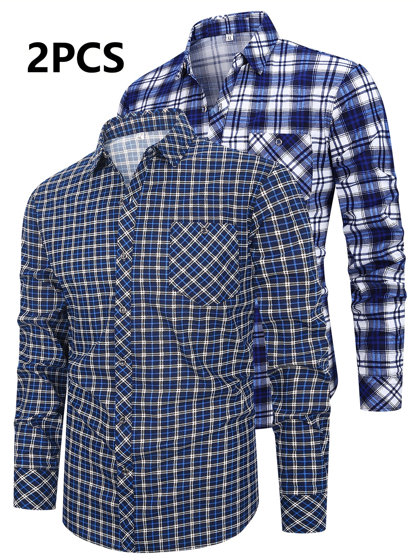 2pcs Set of Long-Sleeved Men'S Shirts, Autumn Men'S Clothing, Plaid Button- Shirts