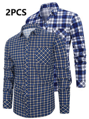 2pcs Set of Long-Sleeved Men'S Shirts, Autumn Men'S Clothing, Plaid Button- Shirts