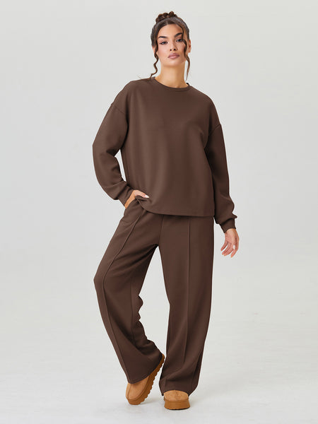 Women'S Minimalist Round Neck Loose Top And Exposed Stitch Trousers Co-Ord, Soft Womenswear