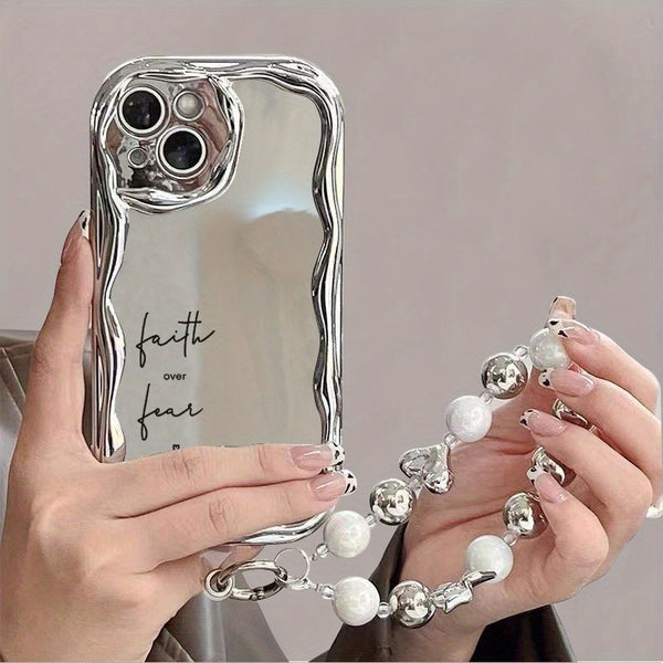 Mobile Phone Case with a Unique Electroplated Silver Design Featuring a Curved Edge Pattern And a Pearl Bracelet Lanyard. It'S Durable, Anti-Fall, And Compatible with Iphone 11 Through 16, Including Pro And Plus Versions