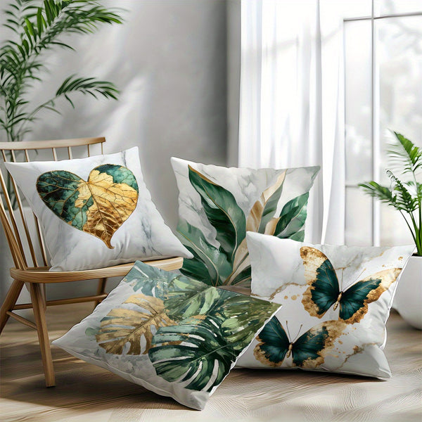 4pcs Green & Golden Leaf & Butterfly Print Cushion Covers