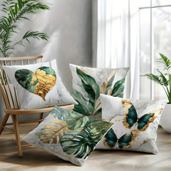 4pcs Green & Golden Leaf & Butterfly Print Cushion Covers