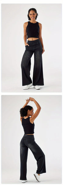 ' High Waisted Wide Jeans - Stretchy Pants with Multiple Pockets, -Washed - Casual Trousers for Jeanswear & Layering (Wide-Waisted Fit)