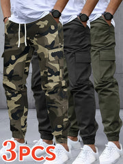 Men's Three-pc Cargo Pants, Solid Color Multi-Pocket Casual Outdoor Sports Trousers, Suitable for Spring, Summer, and Autumn