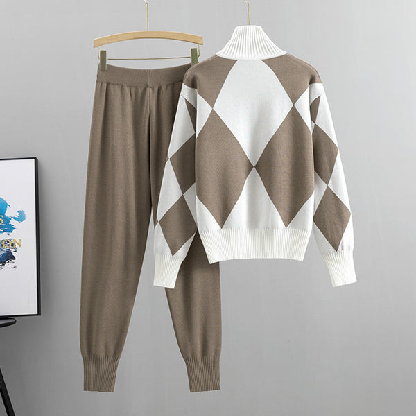 Women'S New Arrival Autumn/ Winter 2024 Casual Check Pattern Sweater Set - Style Trendy Two-Piece Outfit, Long Sleeve, Square Neck, Color Block, Drawstring, Pants, Casual Wear|Check Pattern Top|Drawstring Pants, Sweater Set