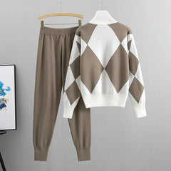 Women'S New Arrival Autumn/ Winter 2024 Casual Check Pattern Sweater Set - Style Trendy Two-Piece Outfit, Long Sleeve, Square Neck, Color Block, Drawstring, Pants, Casual Wear|Check Pattern Top|Drawstring Pants, Sweater Set