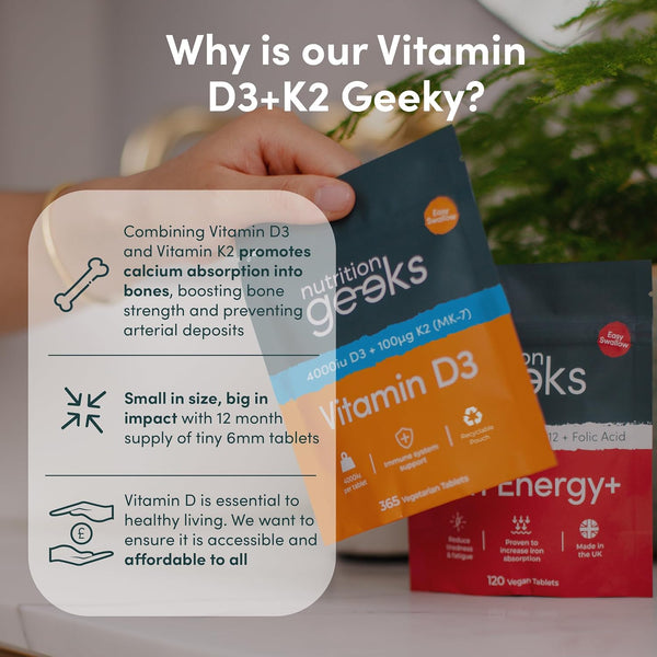 Vitamin D3 4000 Iu & Vitamin K2 MK7 100Μg - 1 Year Supply, 365 Easy-Swallow Vitamin D3 K2 Tablets, 1-A-Day High Strength Vegetarian D3 and K2 Vitamin Supplements, UK Made Vitamin D Tablets