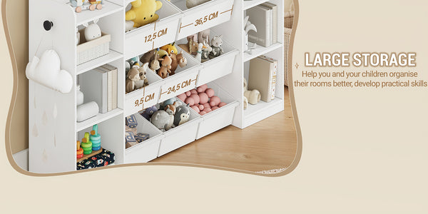 Toy Storage Units and Bookcase | With 8 Fabric Bins, Open Shelves, Display Rack, Suitable for Bedroom, Nursery, Playroom, Kindergarten, White - HZUANERI