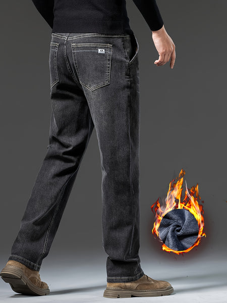 Men's Heavy-Themed Winter Light Business Casual Pants - Thickened Warm Washed Denim, Loose-Fit Mid-Rise with Internal Zipper Closure, Solid Color for Professional & -Casual Wear (Machine Washable)