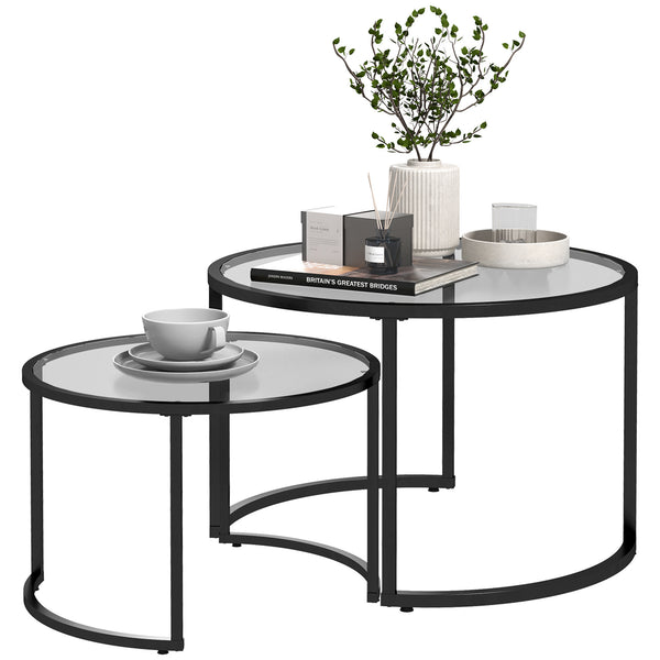 Glass Coffee Table Set of 2, Round Nest of Tables with Tempered Glass Tabletop and Steel Frame, Modern Side Tables for Living Room, Black