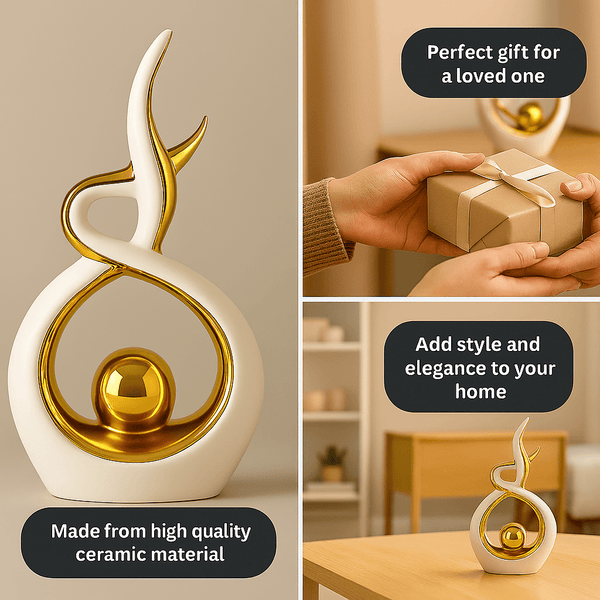 White & Gold Abstract Statue 27.5cm – Modern Ceramic Sculpture for Home, Shelf & Table Décor | Elegant White and Gold Ornament Gift for Living Room, Bedroom & Housewarmings