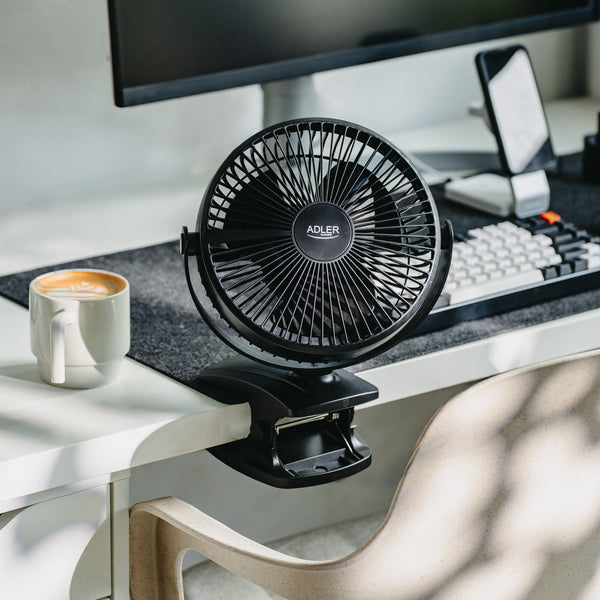 Desk fan with clip, rechargeable, 15.5 cm, 360° rotation, USB-C, Adler