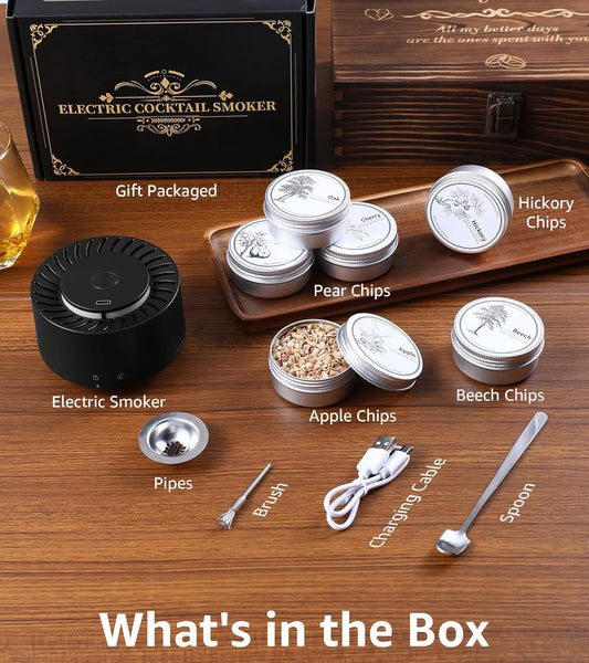 Electric Whiskey Smoker Kit with LED Light,6 Wood Chip Flavor,No Butane Needed,Rechargeable Cocktail, Old Fashioned Smoker Kit,Bar Set Accessories Gifts for Men,Dad, Husband, Birthday
