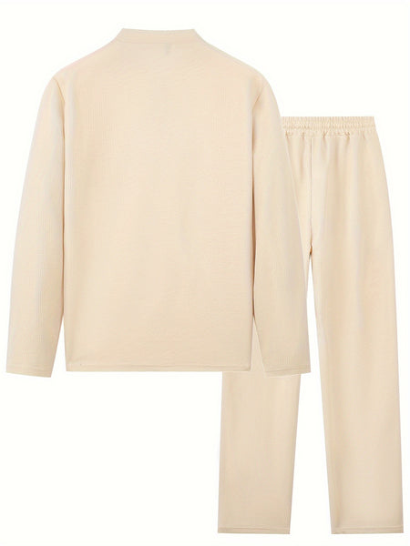Men'S 2pcs Solid Color Waffle Casual Set, Long-Sleeved Round Neck Pullover Sweatshirt And Solid Color Drawstring Pants, Chic And Comfortable Casual Set, Suitable for Men'S Daily Casual Wear, Vacation Wear, Spring And Autumn Men'S Clothing