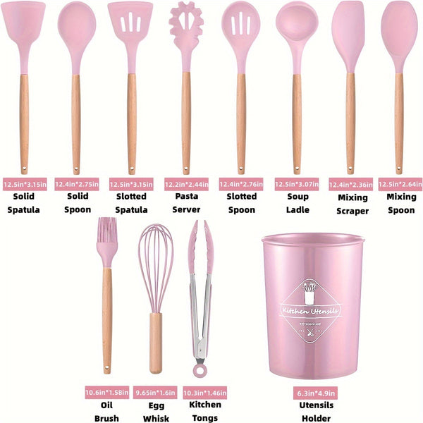 Silicone Kitchen Utensils Set with Holder 12pcs Cooking Utensils Set with Wooden Handle Heat Resistant Kitchen Gadgets Utensil Set Kitchen Additions