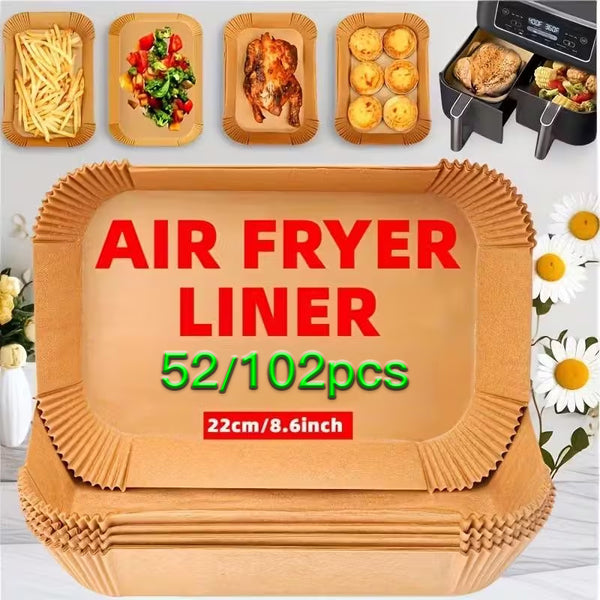 52/102/202pcs Pre-Cut Air Fryer Liners - 22x14cm, Suitable for Dual Basket Fryers, Heat-Resistant Disposable Rectangle Sheets, Bulk Value Pack for Home and Commercial Use, Air Fryer Accessories, Easy-Clean Pads, Durable Kitchenware.