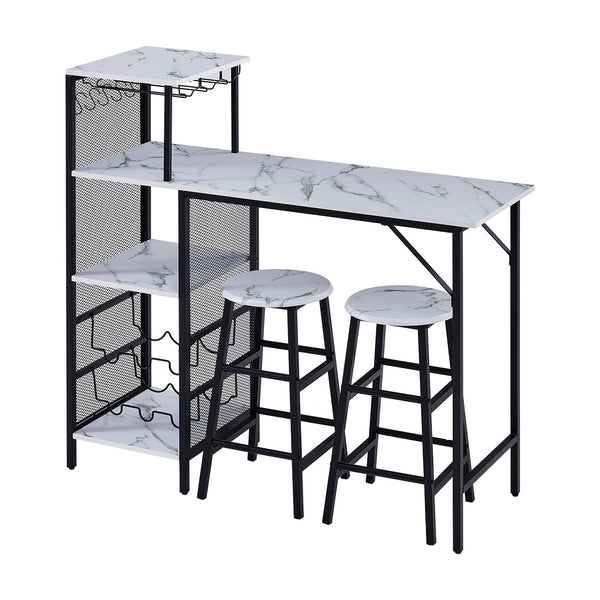 3pcs Bar Table and Stools Set, Kitchen Breakfast Bar Table and Chairs Set 2 with Cup Holder and Wine Rack, Bar Table Sets Furniture for Kitchen, Dining Room, Pub, Cafe