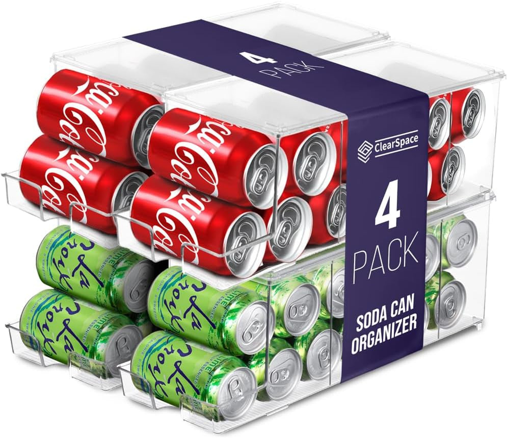 Clearspace Drink Organizer for Fridge & Soda Can Dispenser - Fridge Organization & Can Organizer for Refrigerator Stackable Can Holder Dispenser with Lid - Holds 12 Cans Each, BPA Free - Set of 4