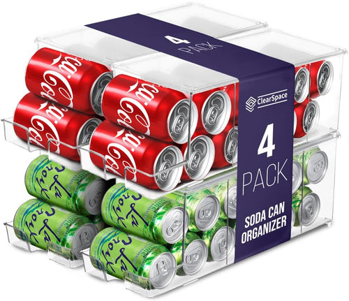 Clearspace Drink Organizer for Fridge & Soda Can Dispenser - Fridge Organization & Can Organizer for Refrigerator Stackable Can Holder Dispenser with Lid - Holds 12 Cans Each, BPA Free - Set of 4