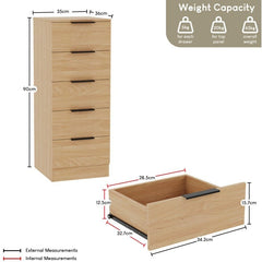 Modern 5 Drawer Narrow Chest of Drawers Dresser Space Saving Storage Organizer Bedroom Furniture