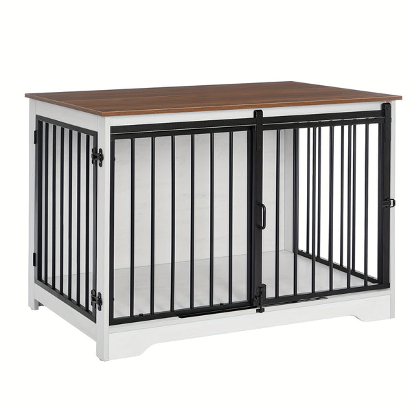 Dog Crate Furniture, 100.08cm Double Door Dog Crate with Barn Door, Dog Kennel Indoor, End Side Table Wooden Dog Crate for Small Medium Large Dog, Anti-Chew Anti-Escape, Greige, White