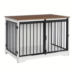 Dog Crate Furniture, 100.08cm Double Door Dog Crate with Barn Door, Dog Kennel Indoor, End Side Table Wooden Dog Crate for Small Medium Large Dog, Anti-Chew Anti-Escape, Greige, White