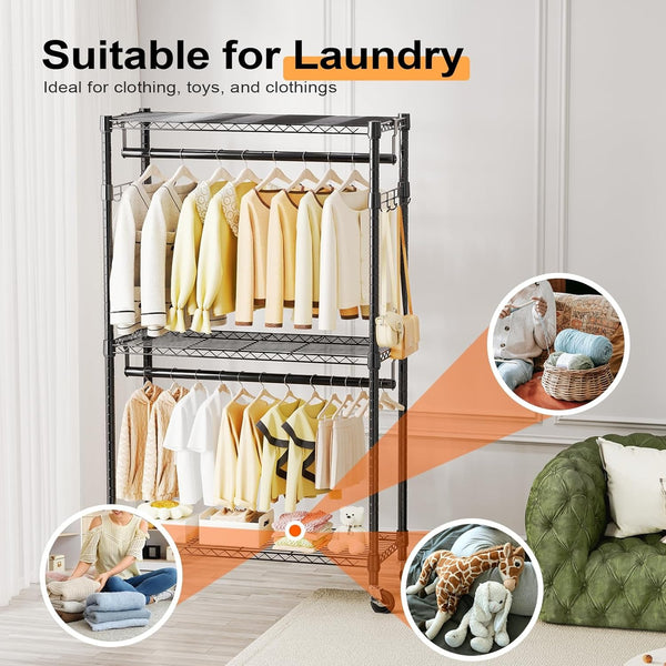 M MZG Heavy Duty Easy to Assemble - Multi-functional Removable Clothes Rack - with Three Shelves, Side Hooks And Locking Casters - Sturdy And Durable - Suitable for Bedroom, Living Room And Wardrobe Black