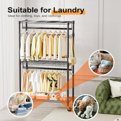 M MZG Heavy Duty Easy to Assemble - Multi-functional Removable Clothes Rack - with Three Shelves, Side Hooks And Locking Casters - Sturdy And Durable - Suitable for Bedroom, Living Room And Wardrobe Black
