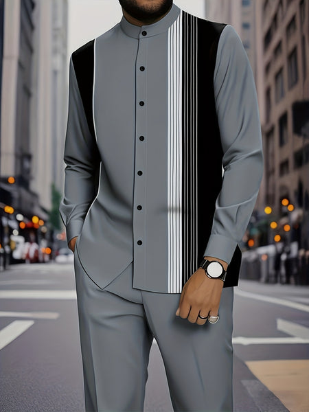 European And American Fashion Men'S Spring And Autumn New Striped Art Pattern Print Design Stand-Up Collar Long Sleeve Shirt Set, Casual Street Outdoor Suit