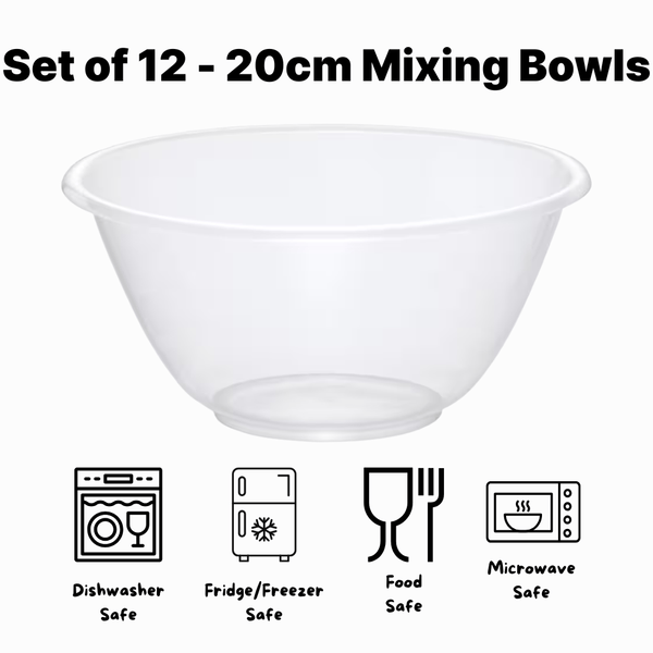 Set of 12 Clear 20cm Plastic Mixing Bowls – 2.3L BPA-Free Food-Safe Nesting Bowls for Kitchen Prep, Baking & Serving – Microwave & Dishwasher Safe Lightweight Bowls