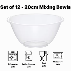 Set of 12 Clear 20cm Plastic Mixing Bowls – 2.3L BPA-Free Food-Safe Nesting Bowls for Kitchen Prep, Baking & Serving – Microwave & Dishwasher Safe Lightweight Bowls
