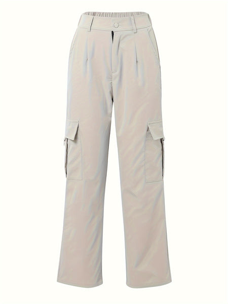 Flap Pocket Solid Color Cargo Pants, Y2K Slant Pocket Button Front Every Day Pants, Women's Clothing