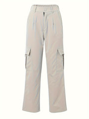 Flap Pocket Solid Color Cargo Pants, Y2K Slant Pocket Button Front Every Day Pants, Women's Clothing