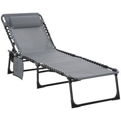 Portable Sun Lounger, Folding Camping Bed with Side Pocket and Pillow for Patio