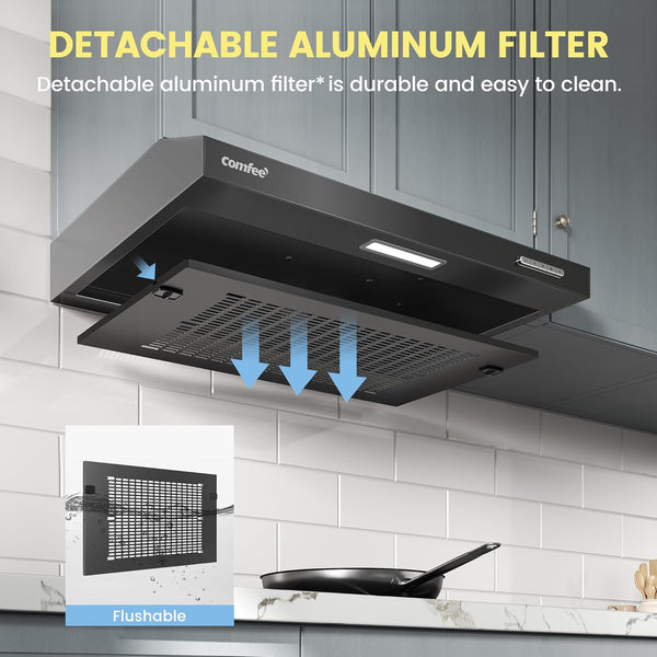 COMFEE' 60 Cm Visor Cooker Hood SLIF17B-60 LED Extractor Hood under Cabinet Hood Wall Mounted Extractor Fan 600 Mm Top Vented Range Hood - Black KWH-SLIF17B-60