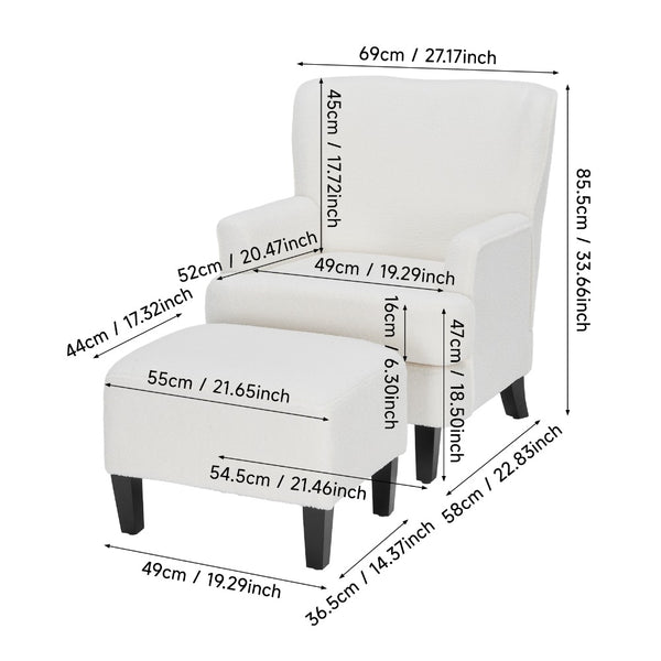 White Teddy Fabric Lounge Chair with Ottoman - 69x58x85.5cm Plush Armchair, Sponge Cushion & Plywood Frame, for Living Room/Bedroom (Black Wooden Legs)