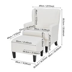 White Teddy Fabric Lounge Chair with Ottoman - 69x58x85.5cm Plush Armchair, Sponge Cushion & Plywood Frame, for Living Room/Bedroom (Black Wooden Legs)
