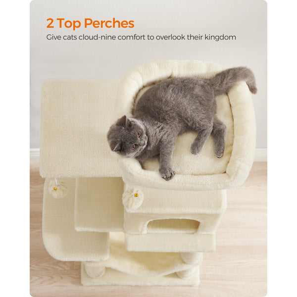 112 cm Cat Tree, Multi-Level Soft Plush Cat Tree, Cat Tower Condo with 4 Cat Scratching Posts, Hammock, Cave, Platform, Toys, Pink/White/Beige/Grey, Easy Assembly and Sturdy, Indoor Cat Furniture