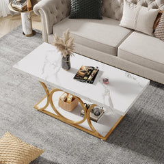 Rectangle Coffee Table, 47.24-inch Modern Coffee Tables for Living Room, 2-Tier Faux Marble Wood Coffee Table with Geometric Legs, Furniture with Storage Shelf (White & Gold)
