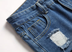 Men's Ripped Jeans with Doll Figure Pattern, Youth Zhang Zai Embroidery, Trendy Skinny Tapered Fit Denim Pants