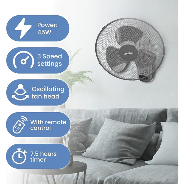 Schallen 16 Inch Wall Mounted Fan with Remote Control, Oscillating Cooling Fan 40cm, 3 Speed Settings, Timer Function, Quiet Wall Fan for Bedroom, Office, Kitchen, Garage, Home Cooling Fan UK, Adjustable Tilt Air Circulator, Energy Efficient Wall Fan Whit