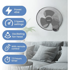 Schallen 16 Inch Wall Mounted Fan with Remote Control, Oscillating Cooling Fan 40cm, 3 Speed Settings, Timer Function, Quiet Wall Fan for Bedroom, Office, Kitchen, Garage, Home Cooling Fan UK, Adjustable Tilt Air Circulator, Energy Efficient Wall Fan Whit