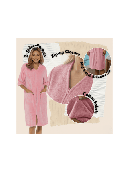 Women’s Zip-Up Cotton Bathrobe – Soft Terry Towelling Dressing Gown, Absorbent Towel Robe for Home & Spa Use